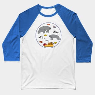 Manatee with colorful fish in circle Baseball T-Shirt